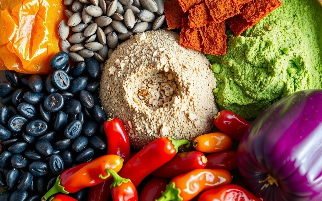 A detailed close-up of various natural ingredients and superfoods, highlighting their nutritional value.