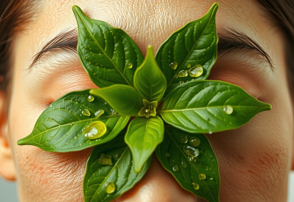 Close-up of radiant skin with botanical extracts, signifying natural skincare.