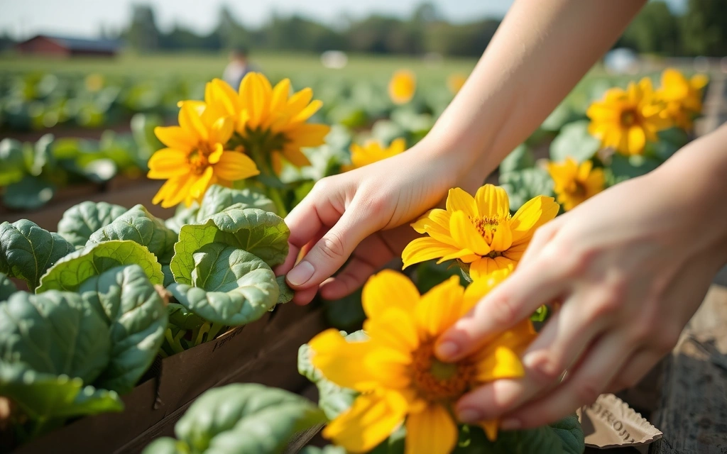 Hands carefully harvesting botanicals in a lush, sustainable farm, illustrating ethical sourcing.