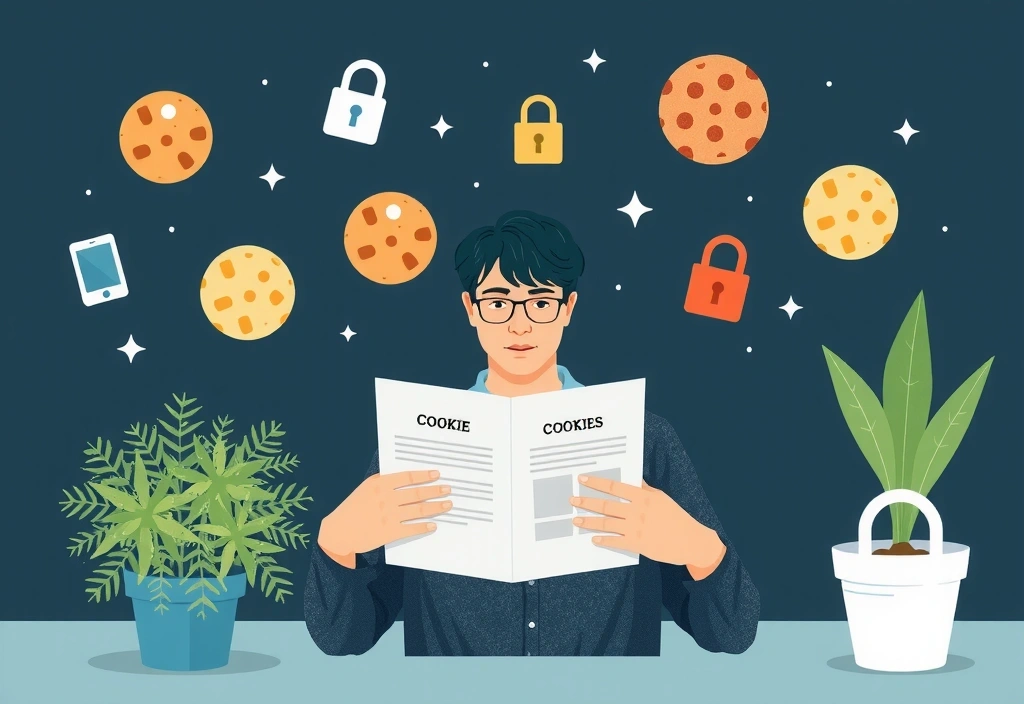 Illustration of a person reading a document about privacy and data, surrounded by digital elements representing cookies and online security