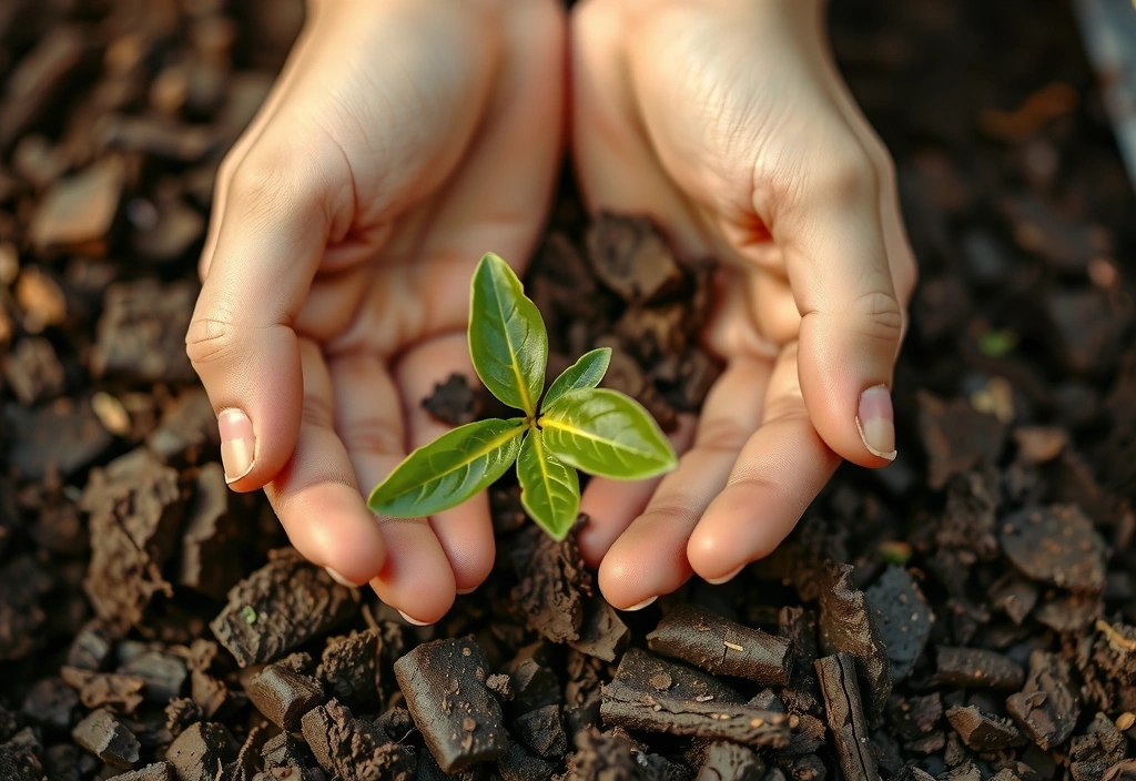 Hands gently holding a small plant sprout in rich soil, symbolizing growth and natural connection