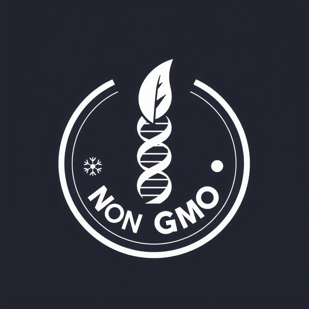 Non-GMO badge with a leaf and DNA strand icon