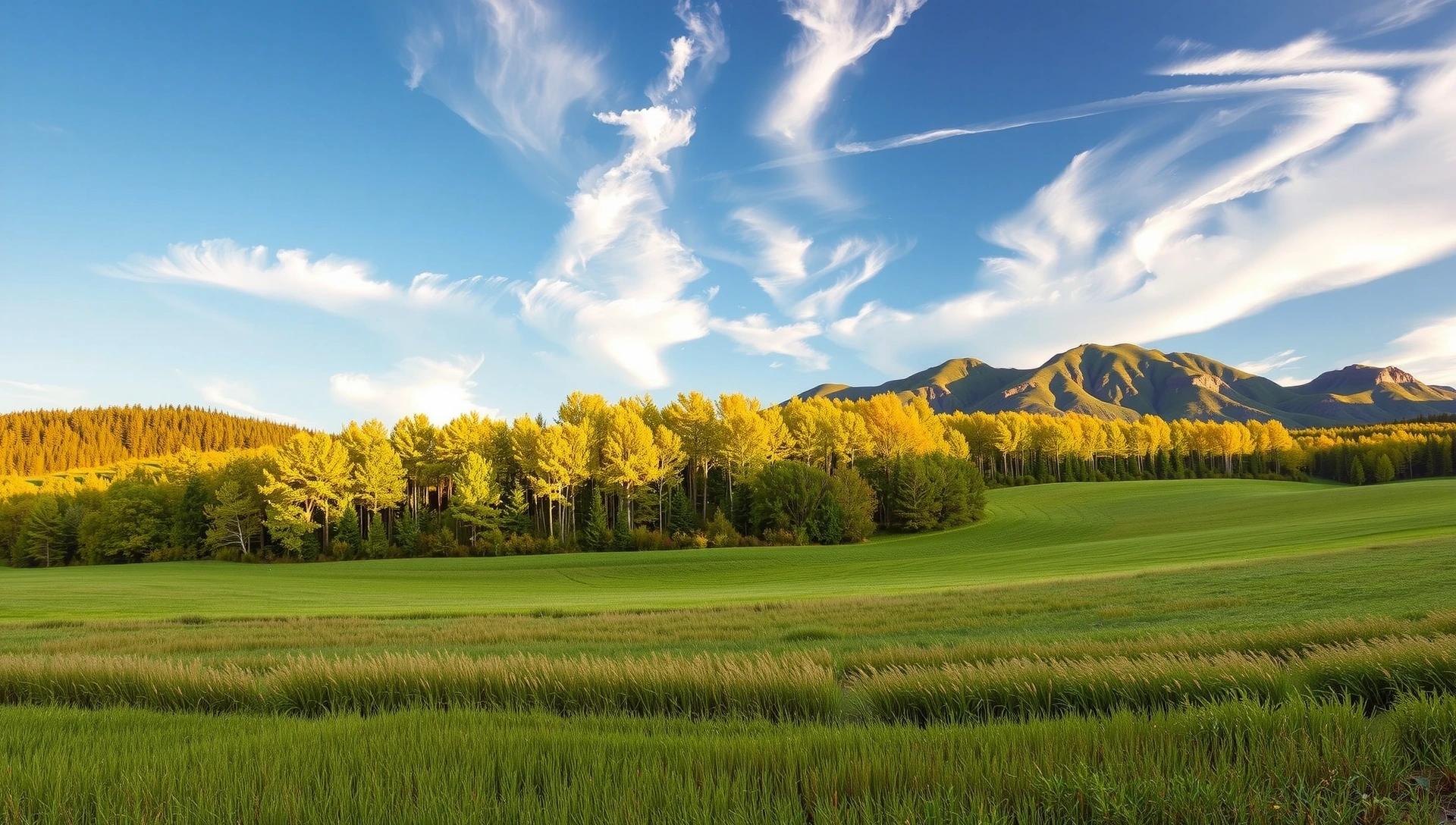 Serene natural landscape with lush greenery and gentle light