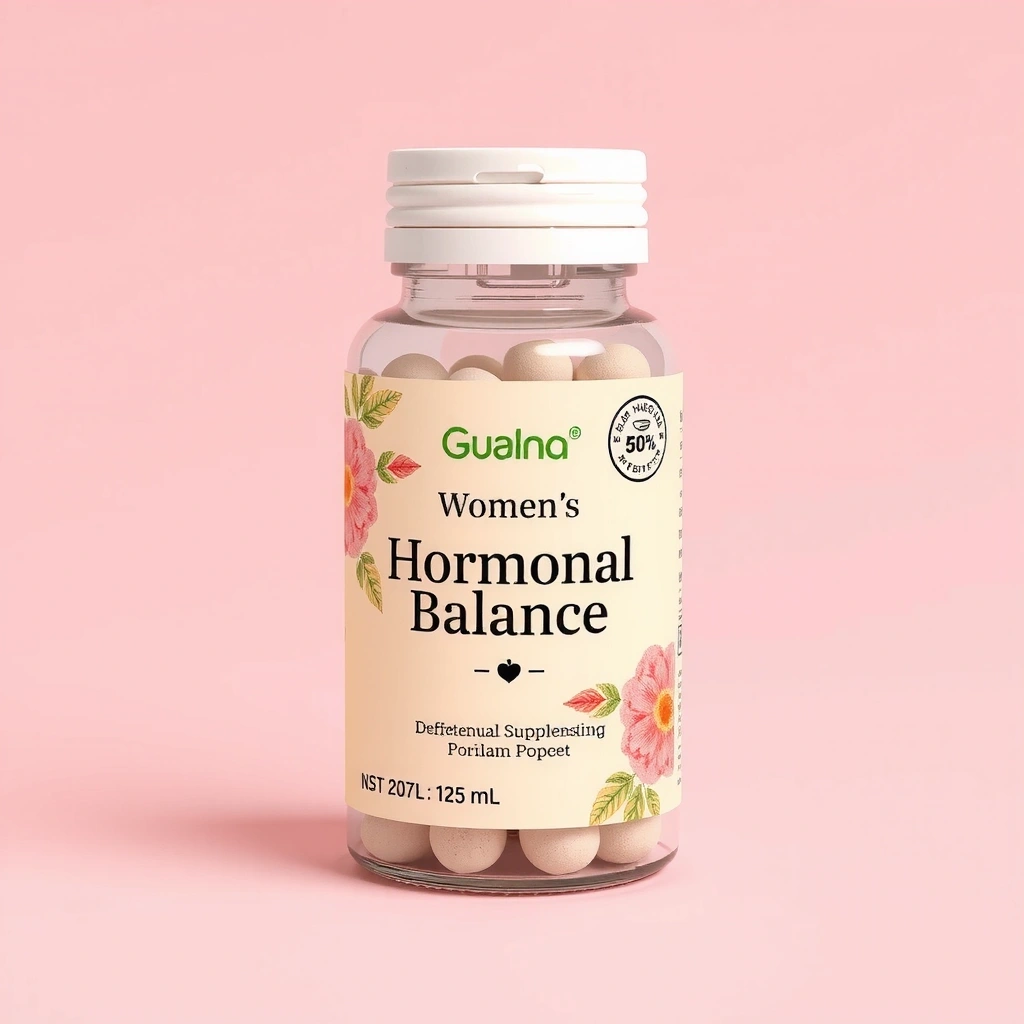 Women's hormonal balance supplement in a chic, pastel-colored bottle