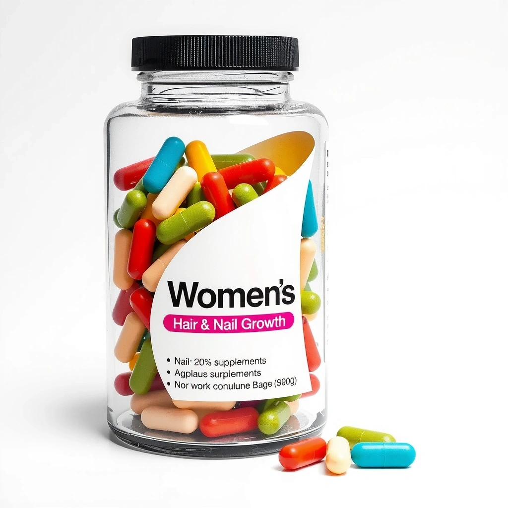Women's hair and nail growth supplement in a stylish, clear jar