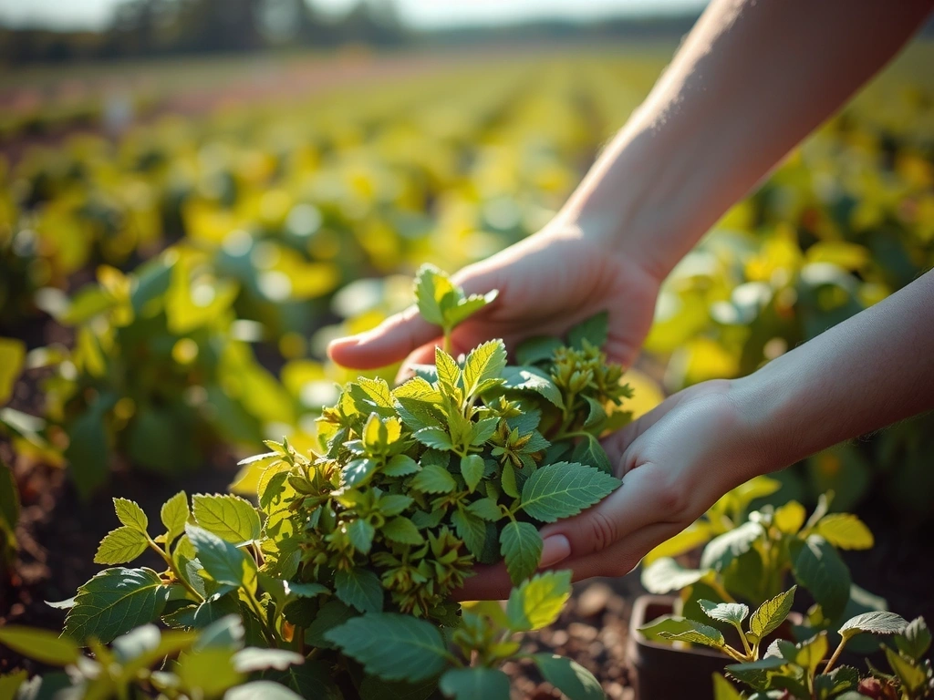 Hands gently harvesting fresh herbs in a sunlit organic field, emphasizing ethical and sustainable practices.