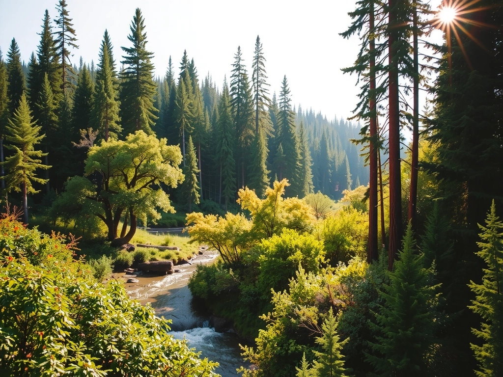 Lush, vibrant forest landscape with clean river, symbolizing environmental protection and biodiversity.