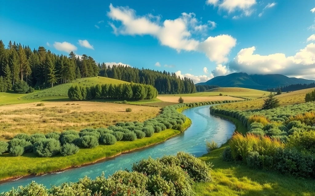 A serene landscape with lush greenery, clear streams, and a vibrant sky, symbolizing growth and harmony.