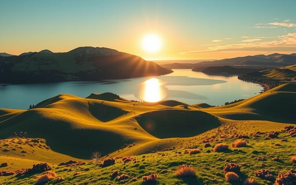 A breathtaking, expansive landscape with a sunrise over rolling hills and a clear lake, symbolizing hope and a healthy future.