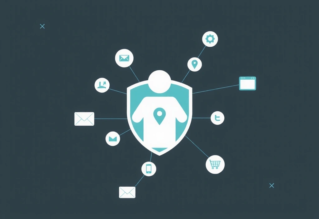 Illustration of various data points surrounding a person's digital profile, representing data collection